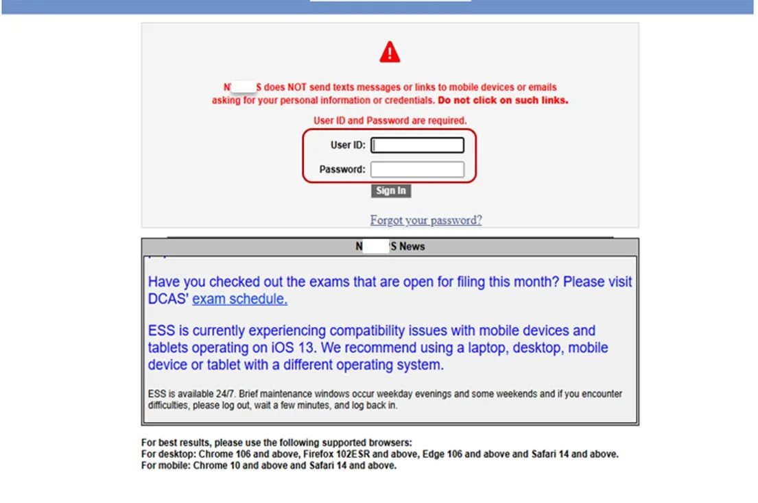 ESS login screen showing the User ID and Password fields.