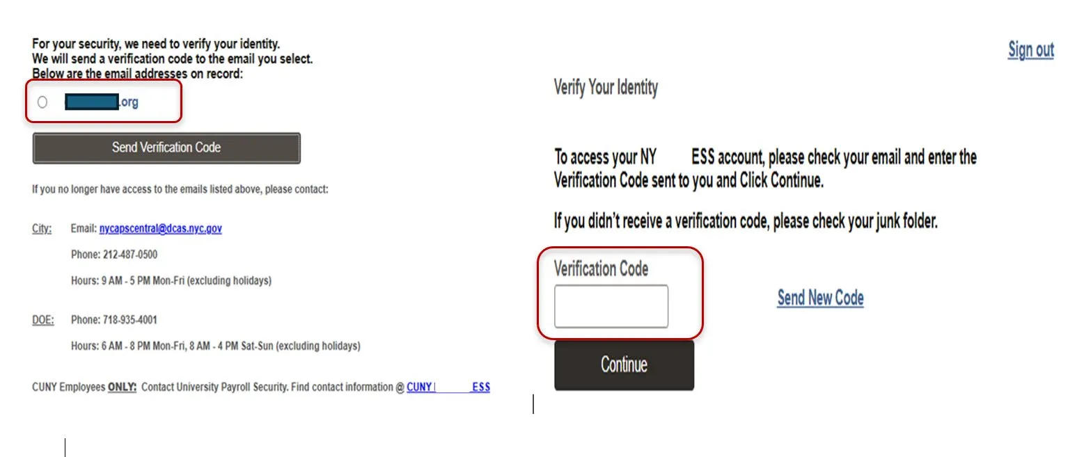 ESS identity verification and verification code screens.