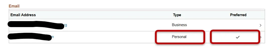 ESS email list showing Personal email type and preferred status.