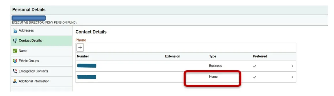 ESS Contact Details screen showing a phone number with Home type.